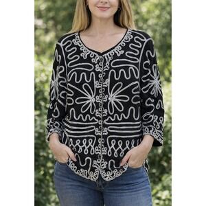 Boho Artsy Black White Silver Metallic Soutache Embroidered Button Front Top M
